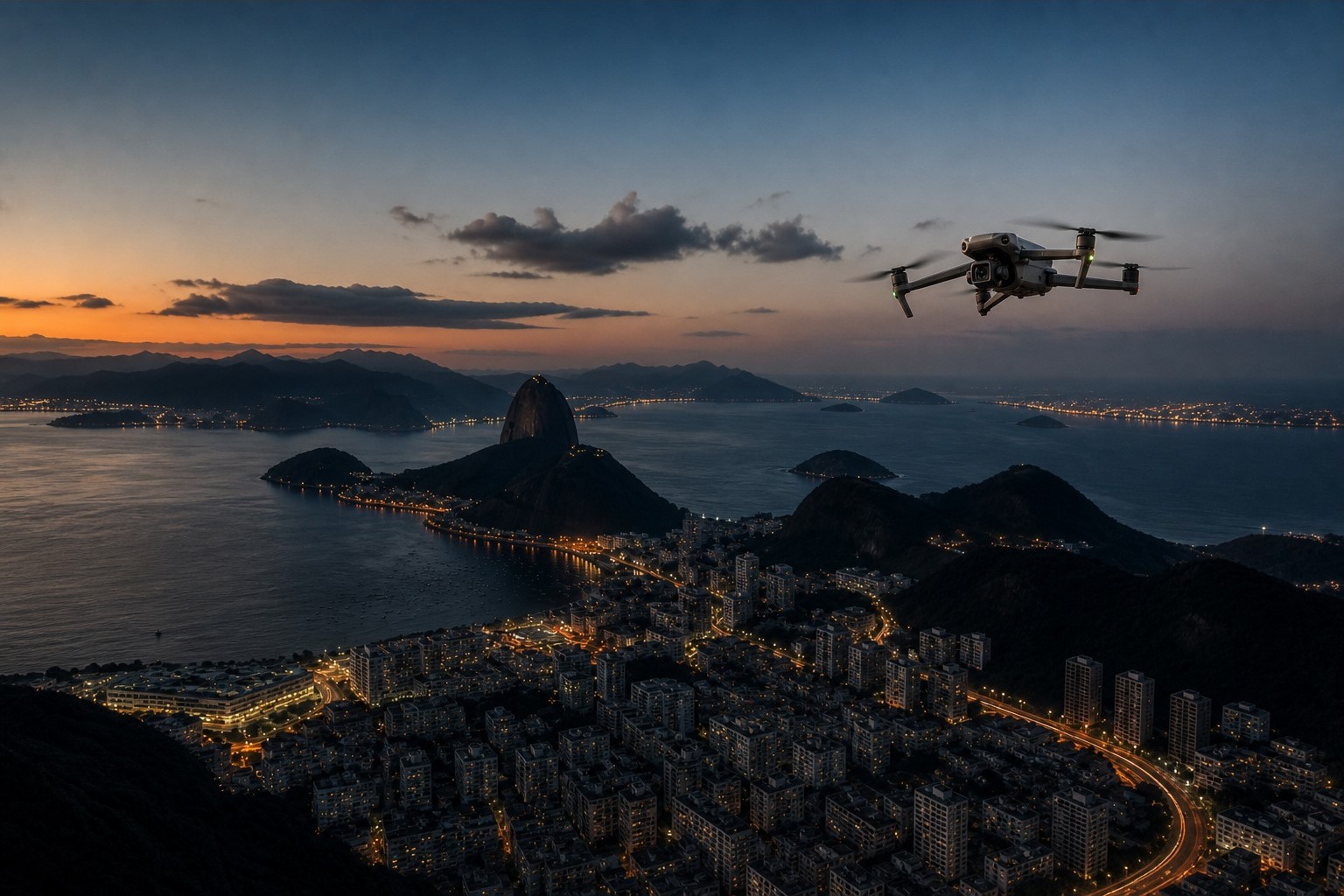 Drone DJI sobrevoando o litoral ao entardecer