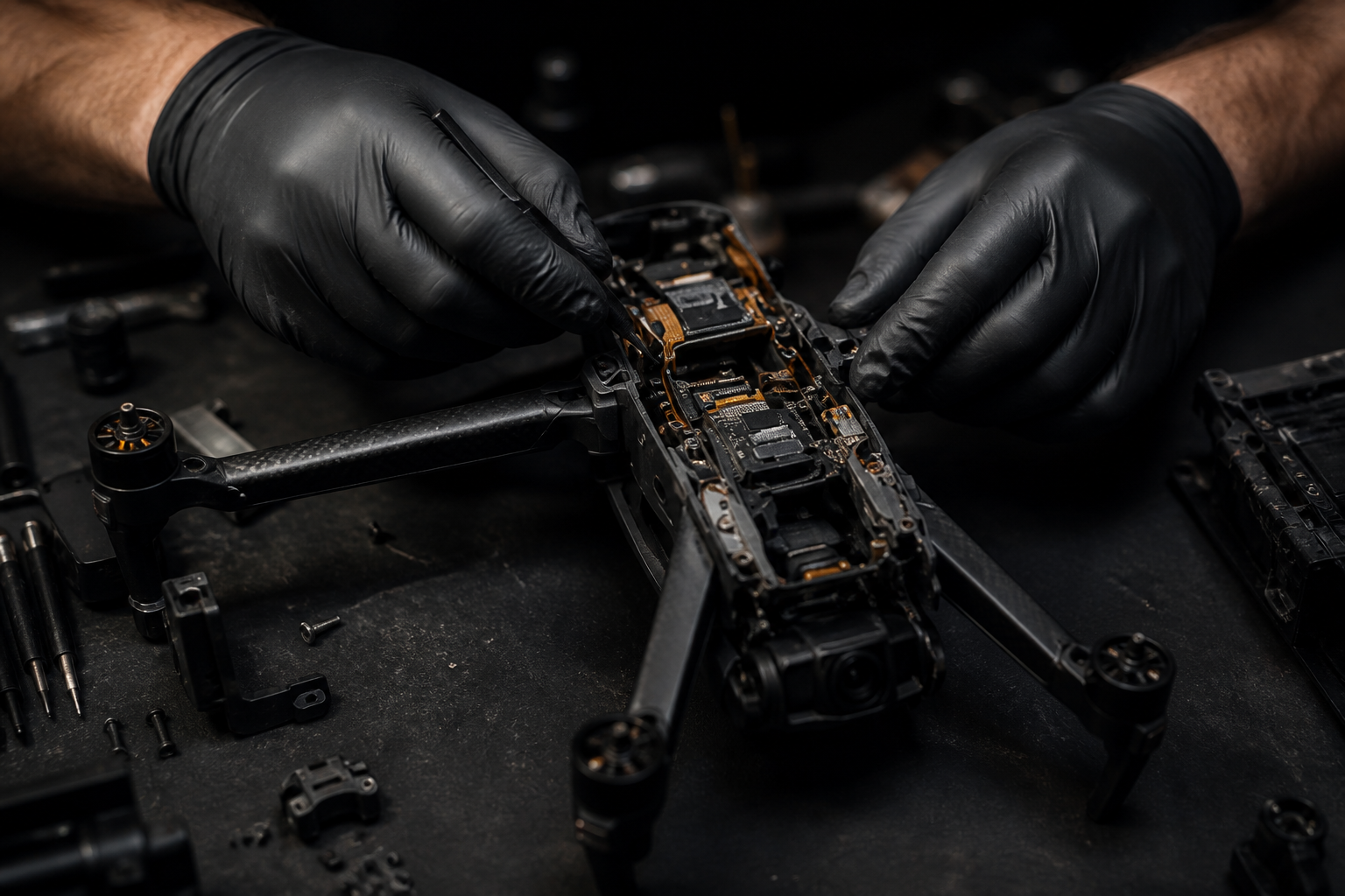 Técnico com luvas realizando manutenção em drone DJI
