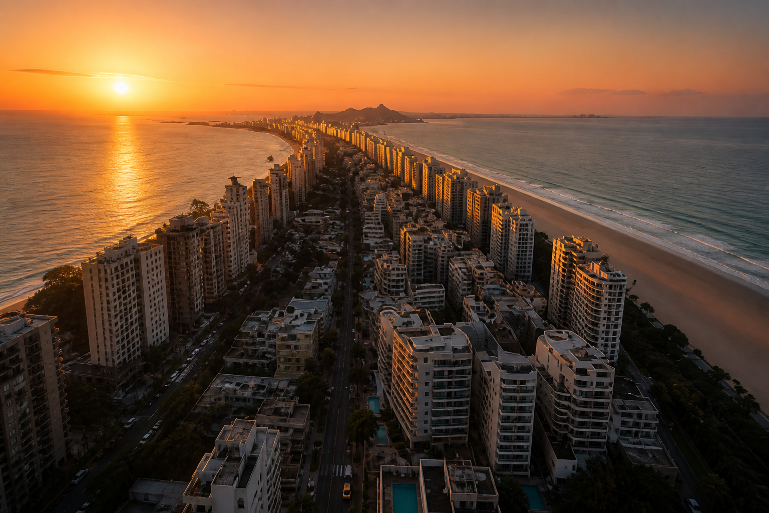 Vista aérea de cidade litorânea ao entardecer